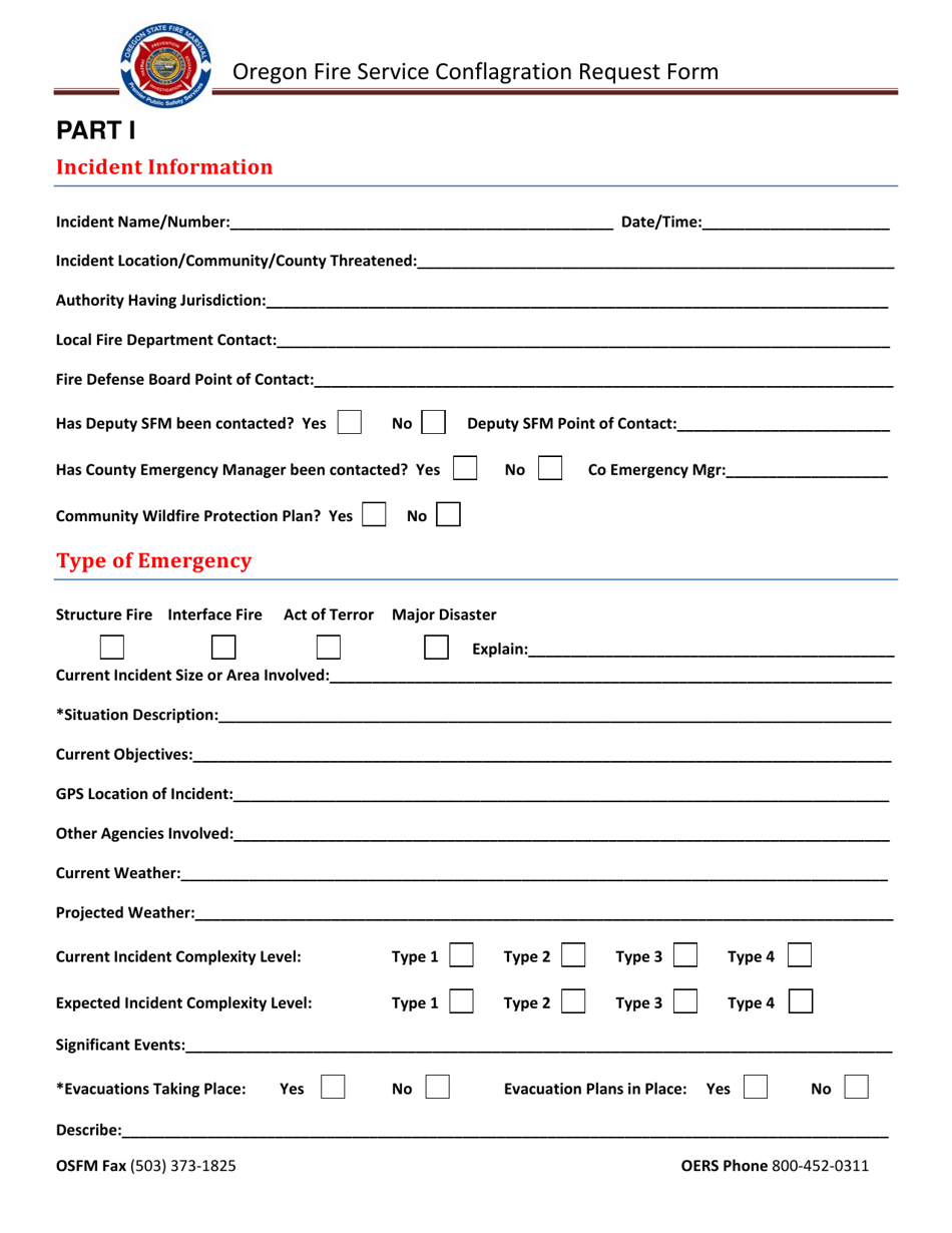 Conflagration Request Form - Oregon, Page 1