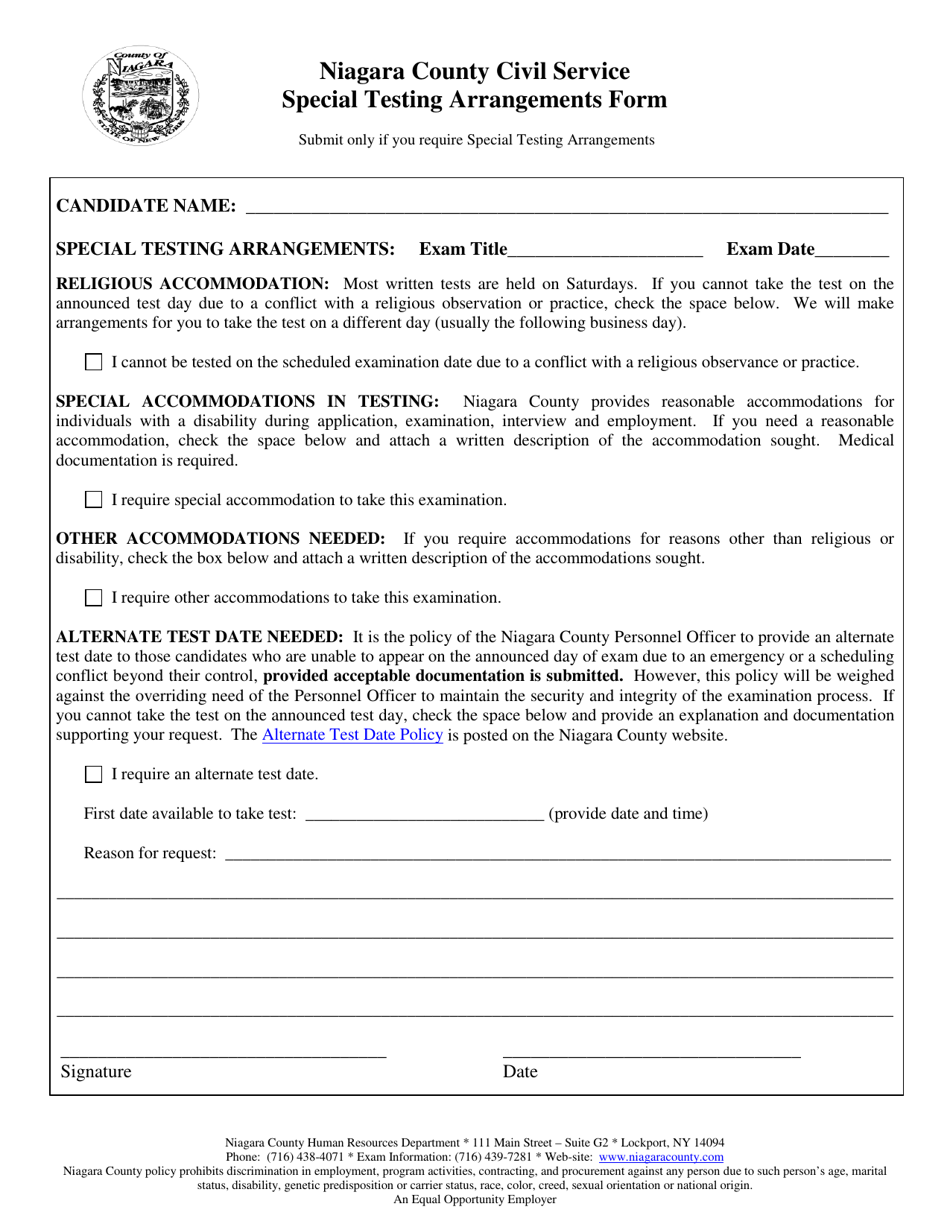 Special Testing Arrangements Form - Niagara County, New York, Page 1