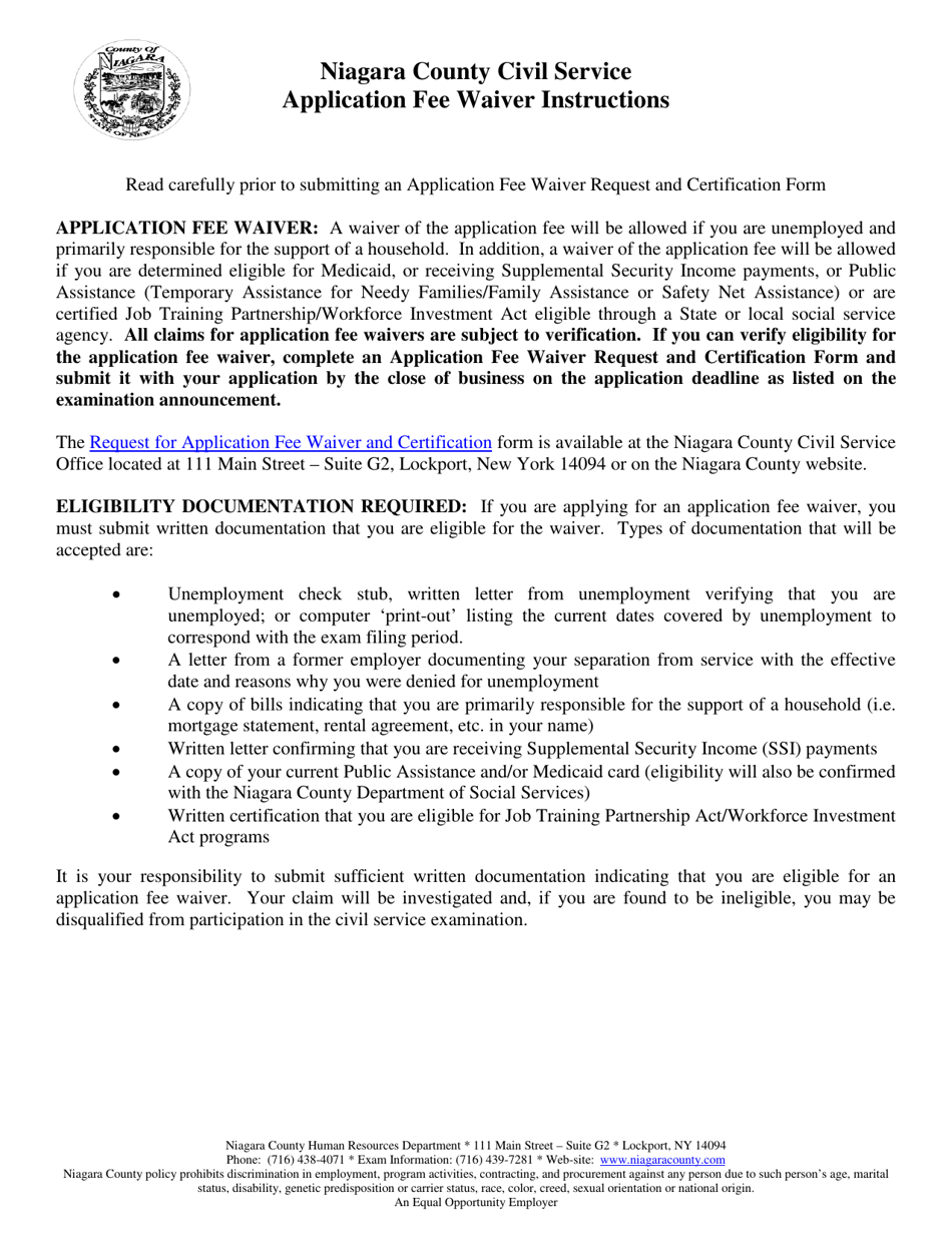 Niagara County, New York Application Fee Waiver Request and