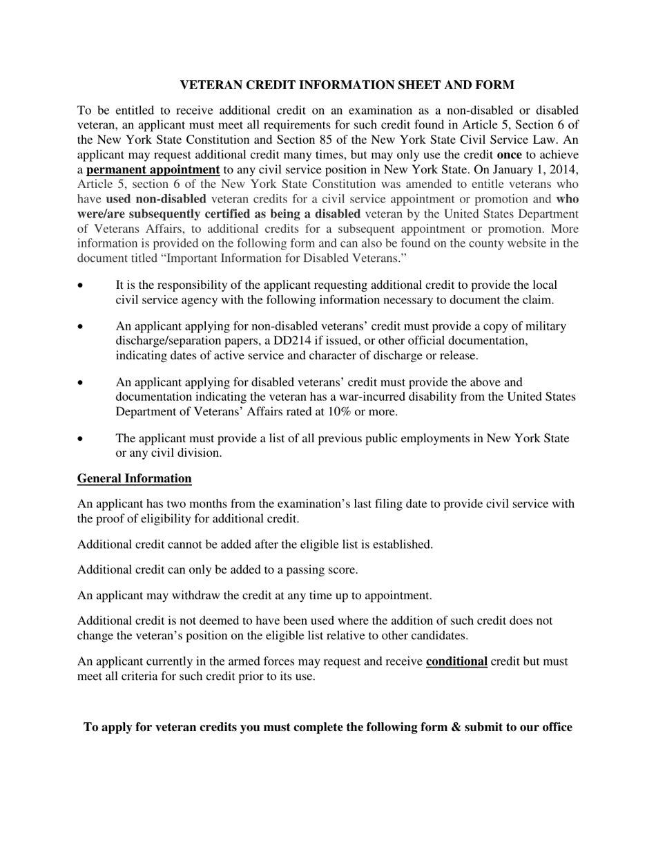 Niagara County, New York Application for Veteran Credits Fill Out