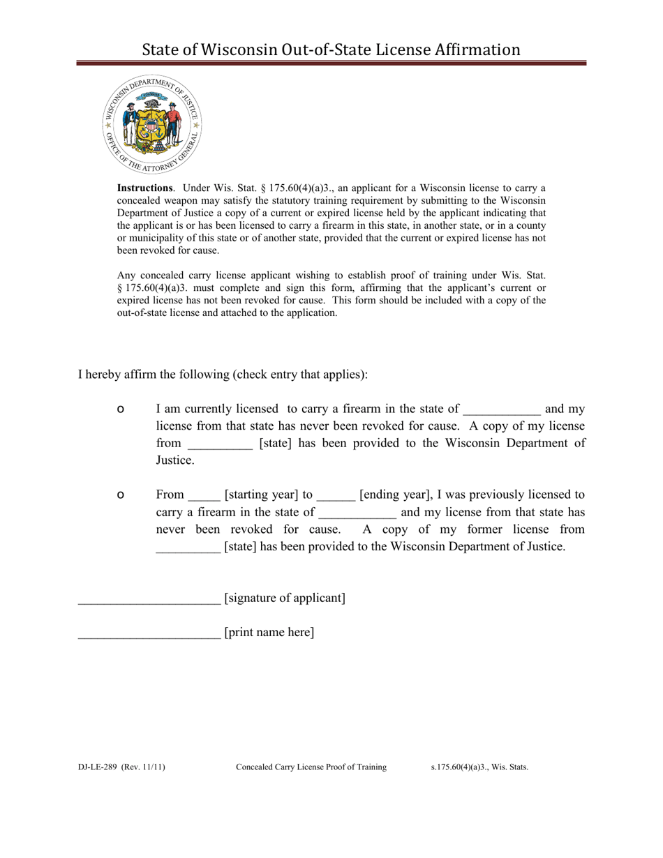 Form DJ-LE-289 State of Wisconsin Out-of-State License Affirmation - Wisconsin, Page 1
