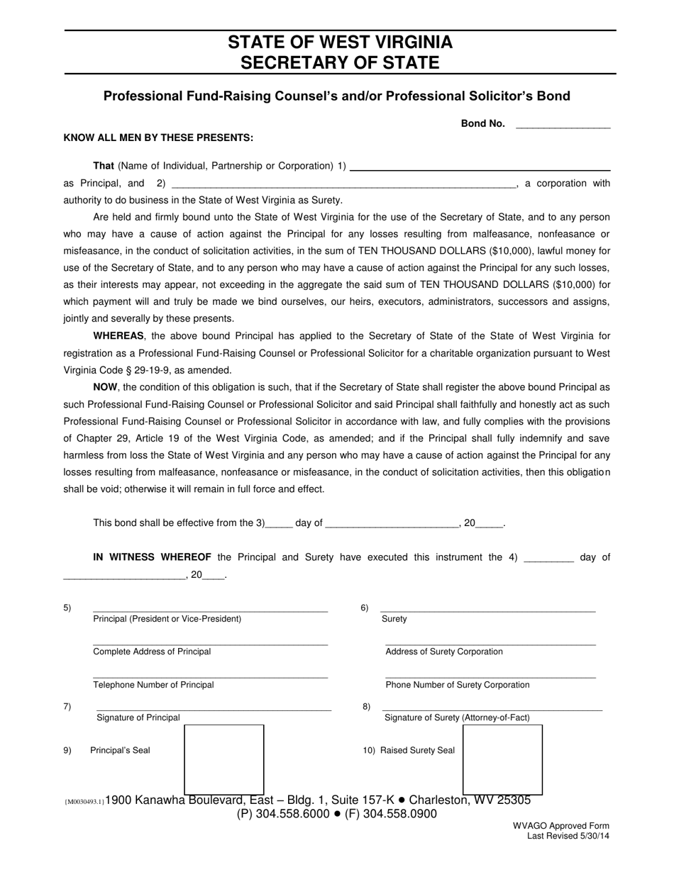 Professional Fund-Raising Counsels and / or Professional Solicitors Bond - West Virginia, Page 1