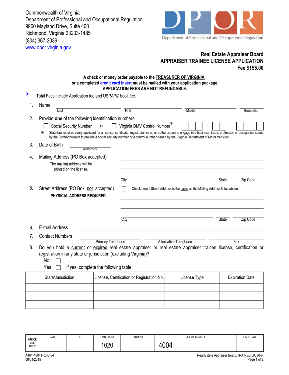 Form A461-4004TRLIC Appraiser Trainee License Application - Virginia, Page 1