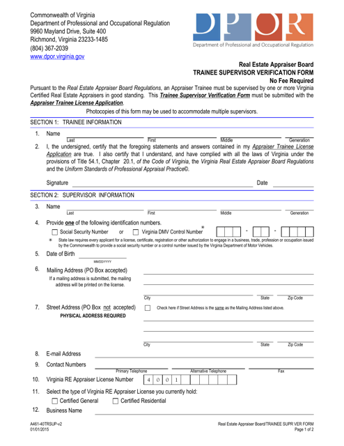 Form A461-40TRSUP Trainee Supervisor Verification Form - Virginia