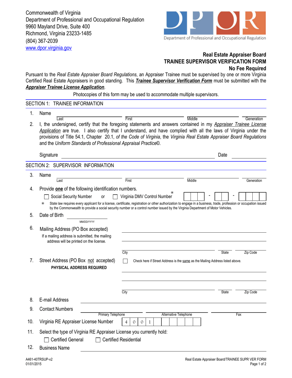 Form A461-40TRSUP Trainee Supervisor Verification Form - Virginia, Page 1