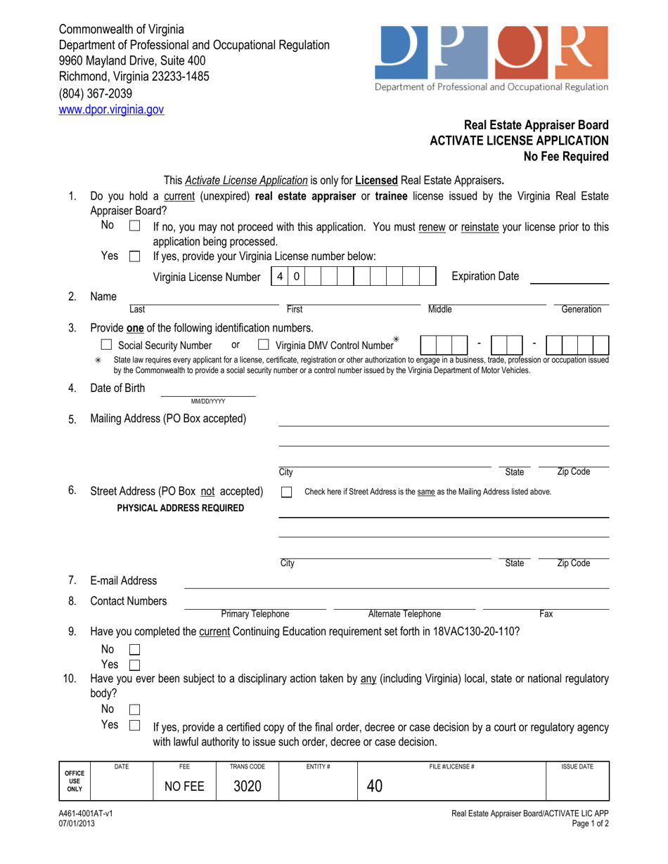 Form A461-4001AT Activate License Application - Virginia, Page 1