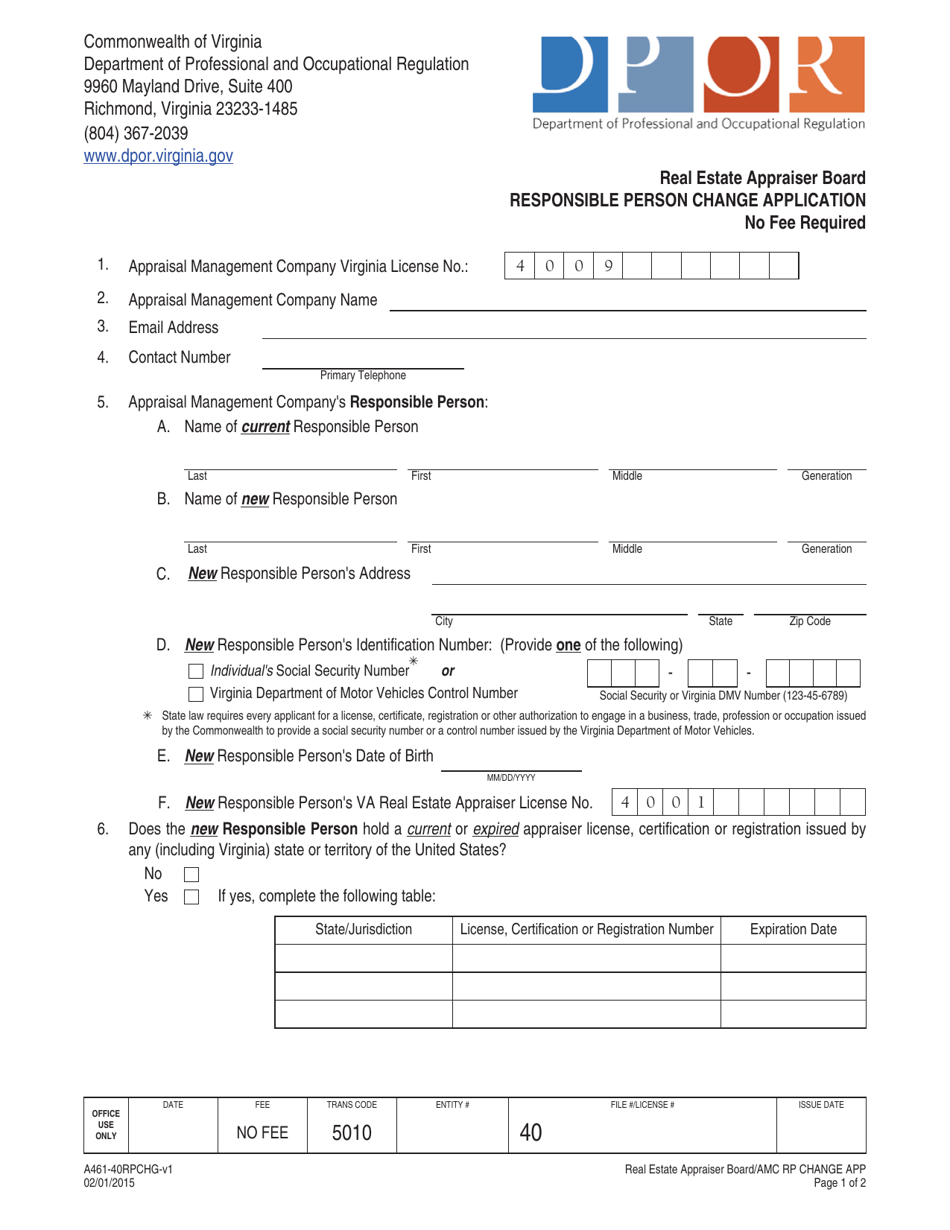 Form A461-40RPCHG Responsible Person Change Application - Virginia, Page 1