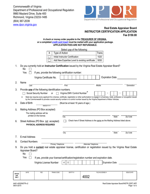 Form A461-4002INSTR Instructor Certificate Application - Virginia