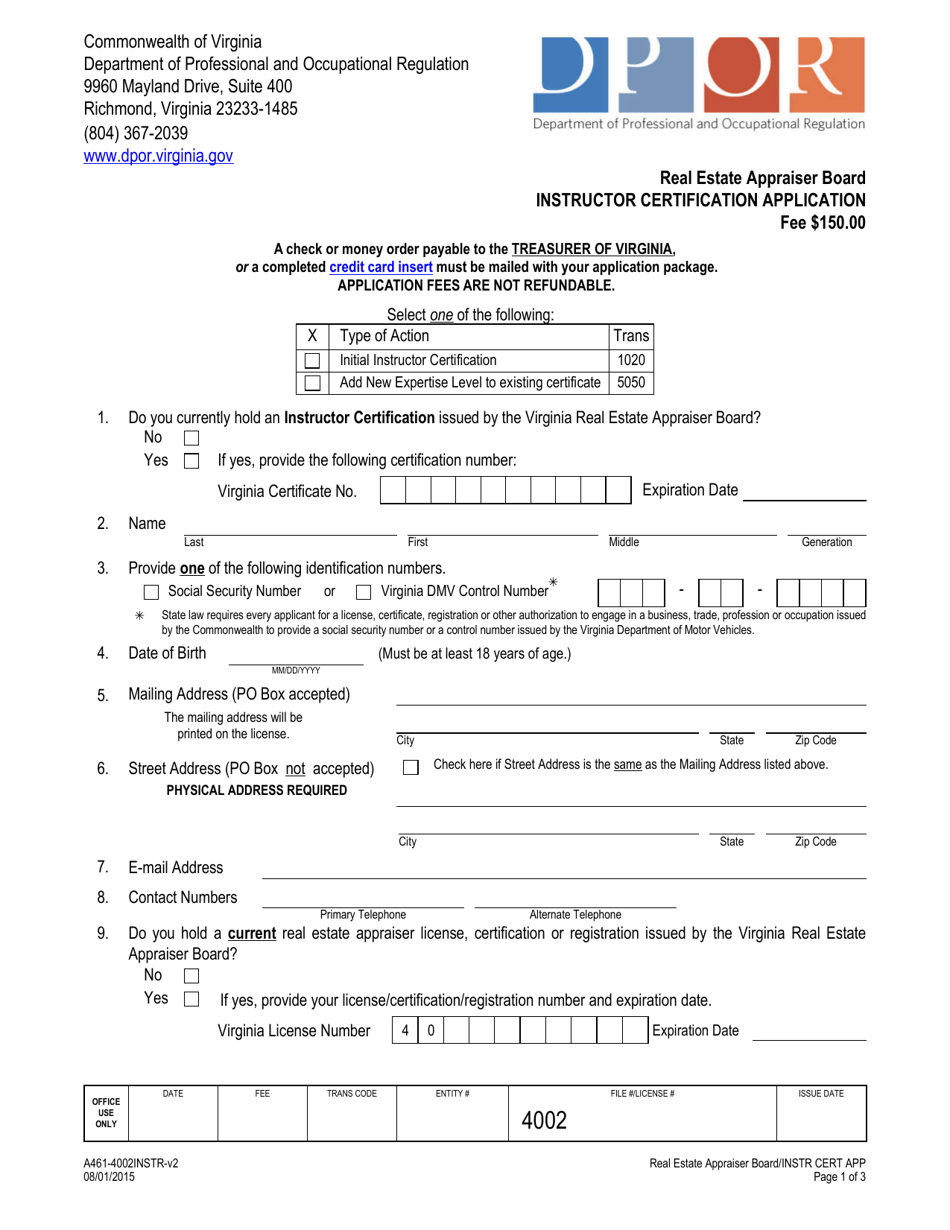 Form A461-4002INSTR Instructor Certificate Application - Virginia, Page 1