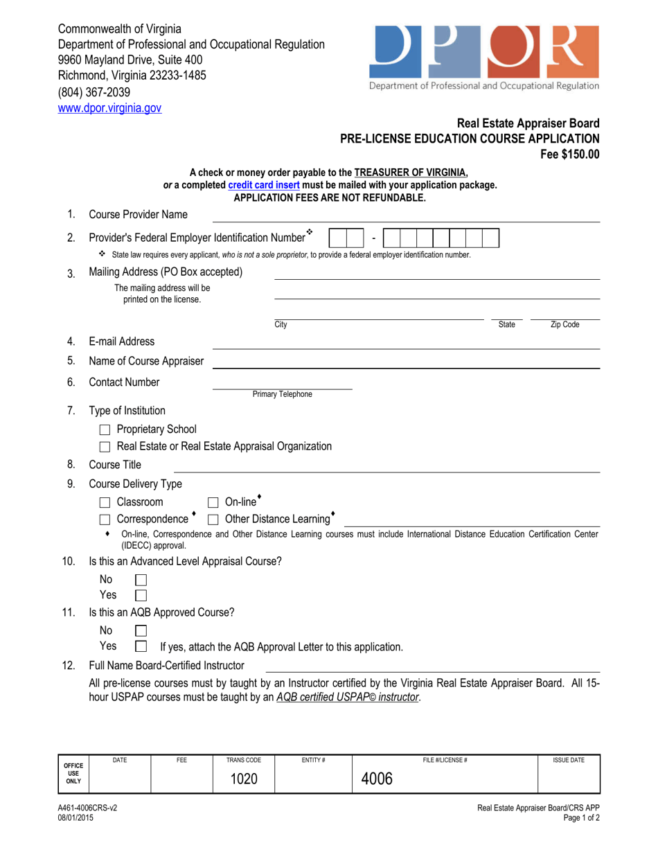 Form A461-4006CRS Pre-license Education Course Application - Virginia, Page 1