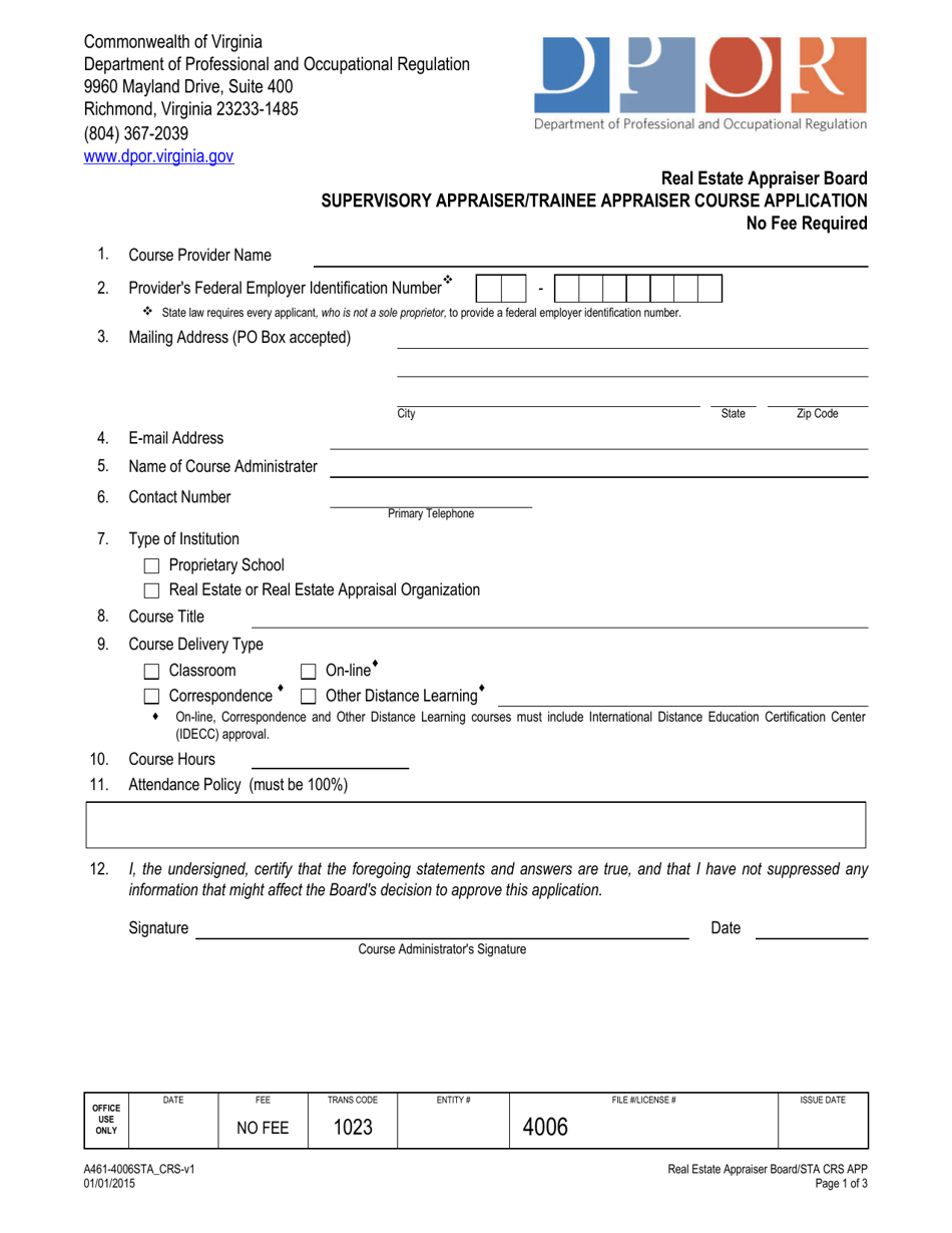 Form A461-4006STA_CRS Supervisory Appraiser / Trainee Appraiser Course Application - Virginia, Page 1