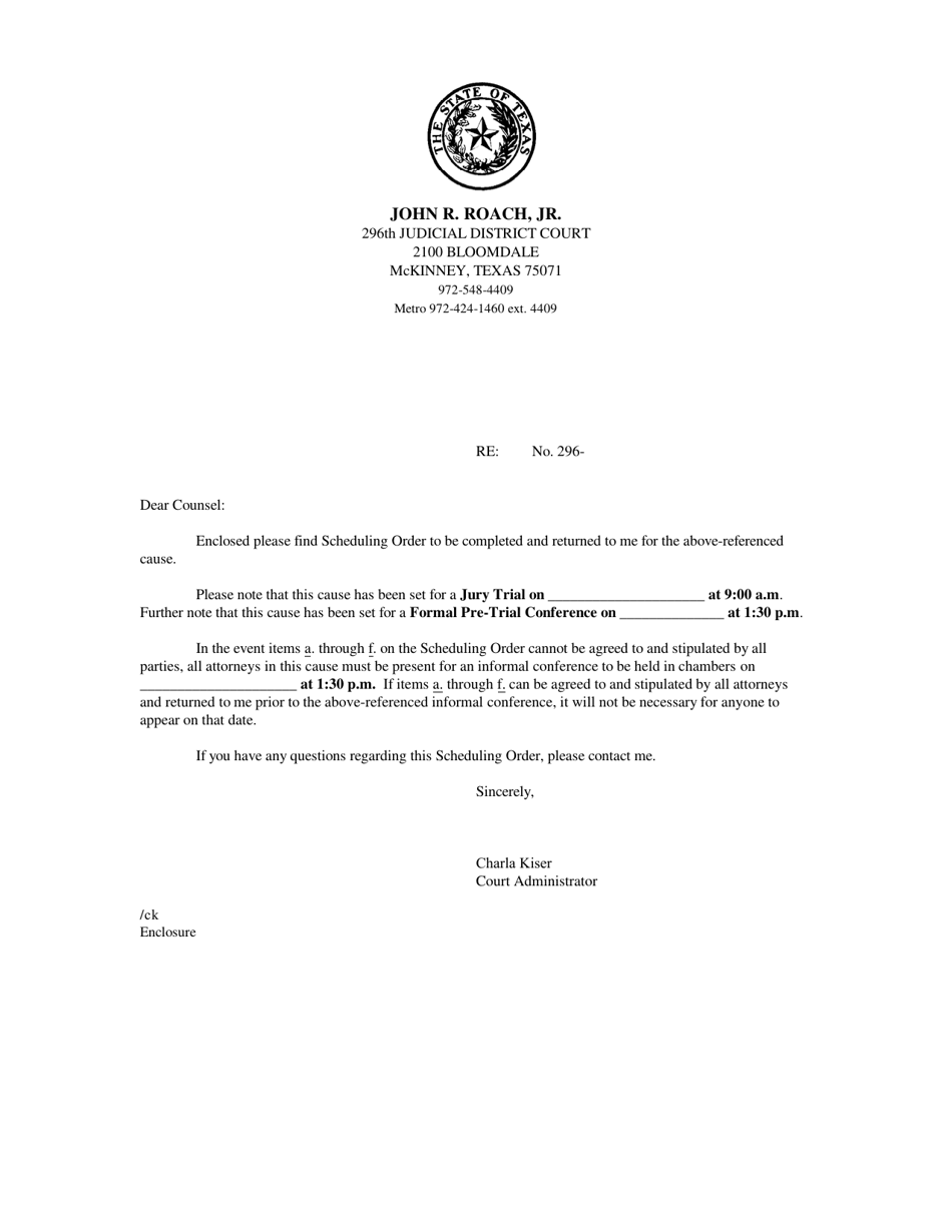 Discovery Control Plan and Scheduling Order - 296th Judicial District - Collin County, Texas, Page 1