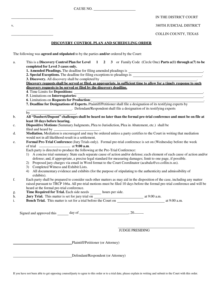 Discovery Control Plan and Scheduling Order - 380th Judicial District - Collin County, Texas, Page 1