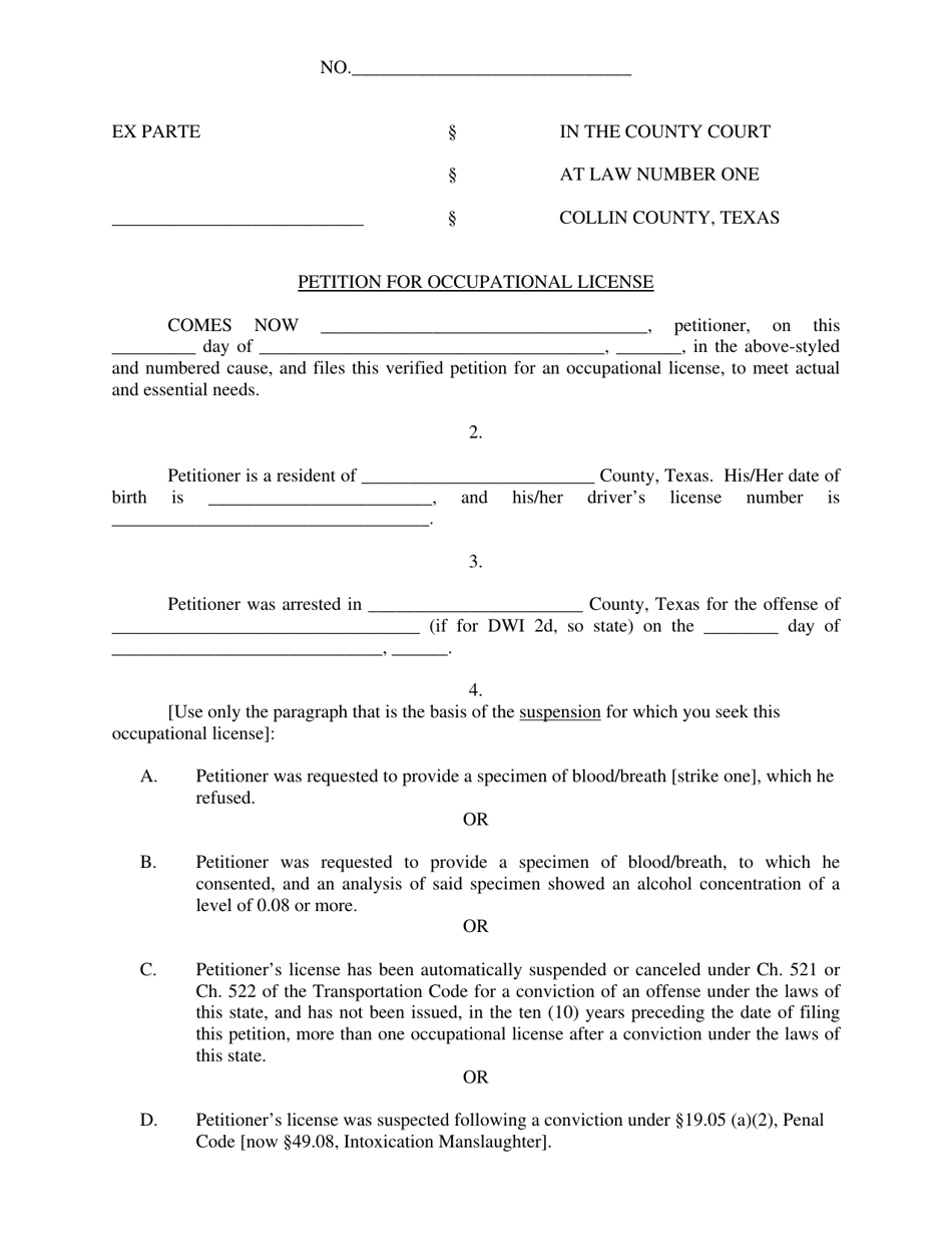 Petition for Occupational Drivers License - Collin County, Texas, Page 1
