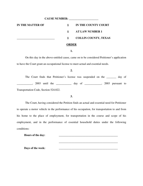 Order on Petition for Occupational Driver's License - Collin County, Texas