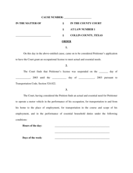 Order on Petition for Occupational Driver&#039;s License - Collin County, Texas