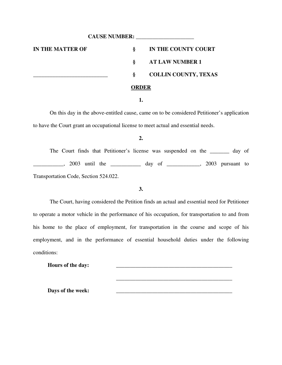 Order on Petition for Occupational Drivers License - Collin County, Texas, Page 1