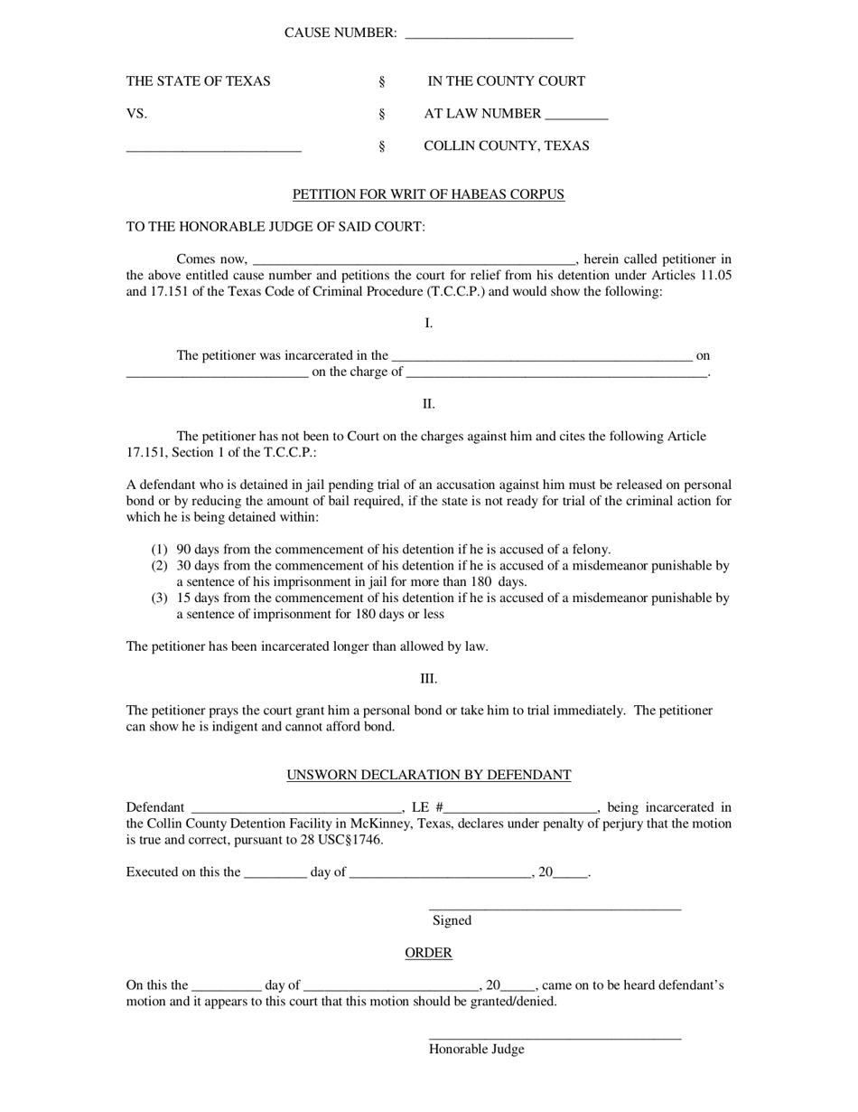 Petition for Writ of Habeas Corpus - Collin County, Texas, Page 1