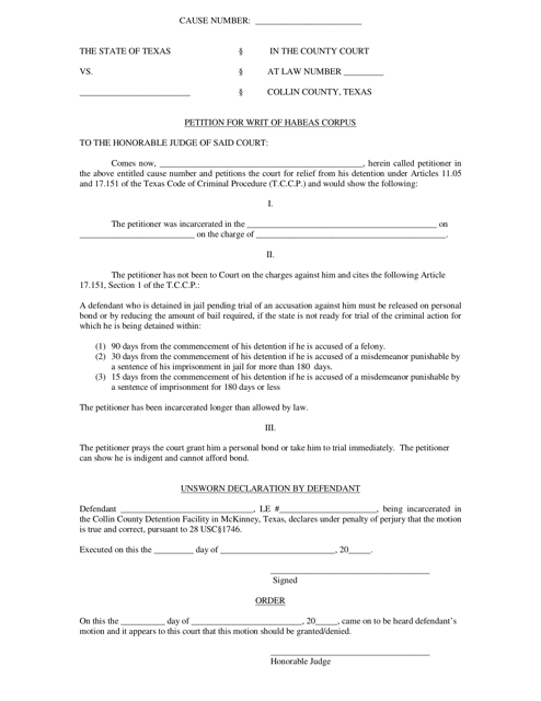 Petition for Writ of Habeas Corpus - Collin County, Texas Download Pdf