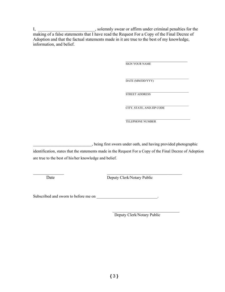 Washington, D.C. Request for a Copy of the Final Decree of Adoption ...