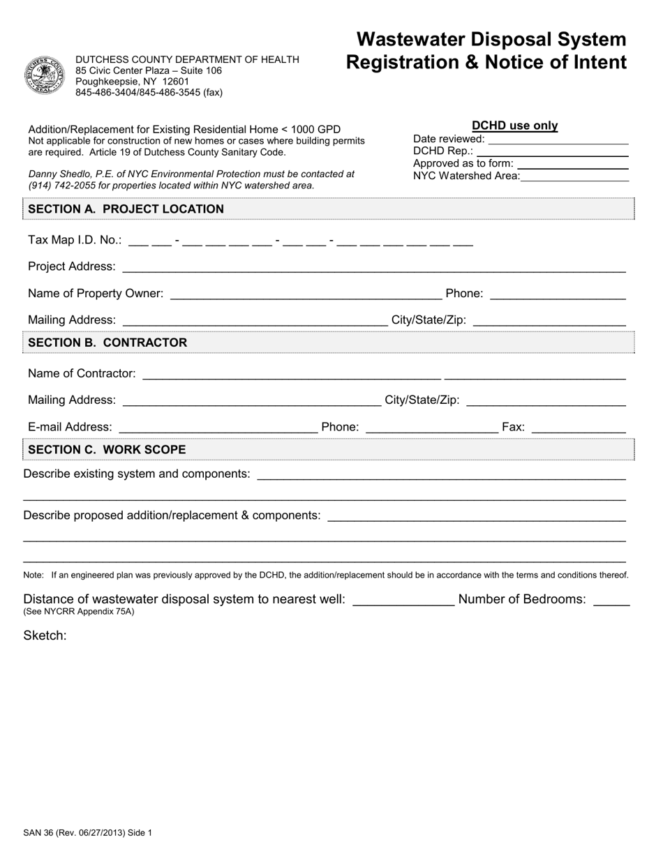 Form SAN36 Wastewater Disposal System Registration  Notice of Intent - Dutchess County, New York, Page 1