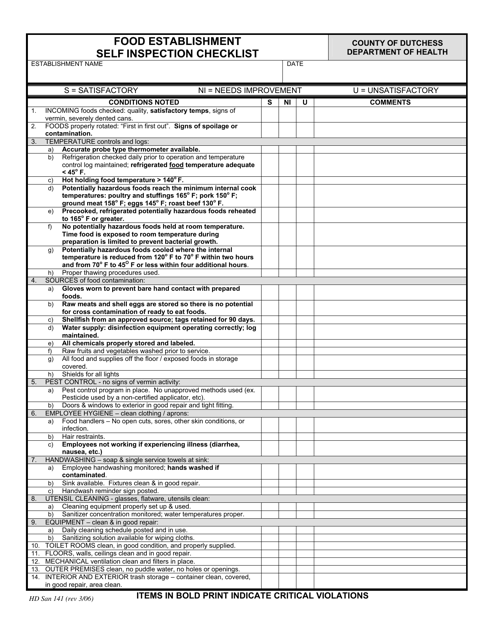 Form HD-SAN-141 Food Establishment Self Inspection Checklist - Dutchess County, New York