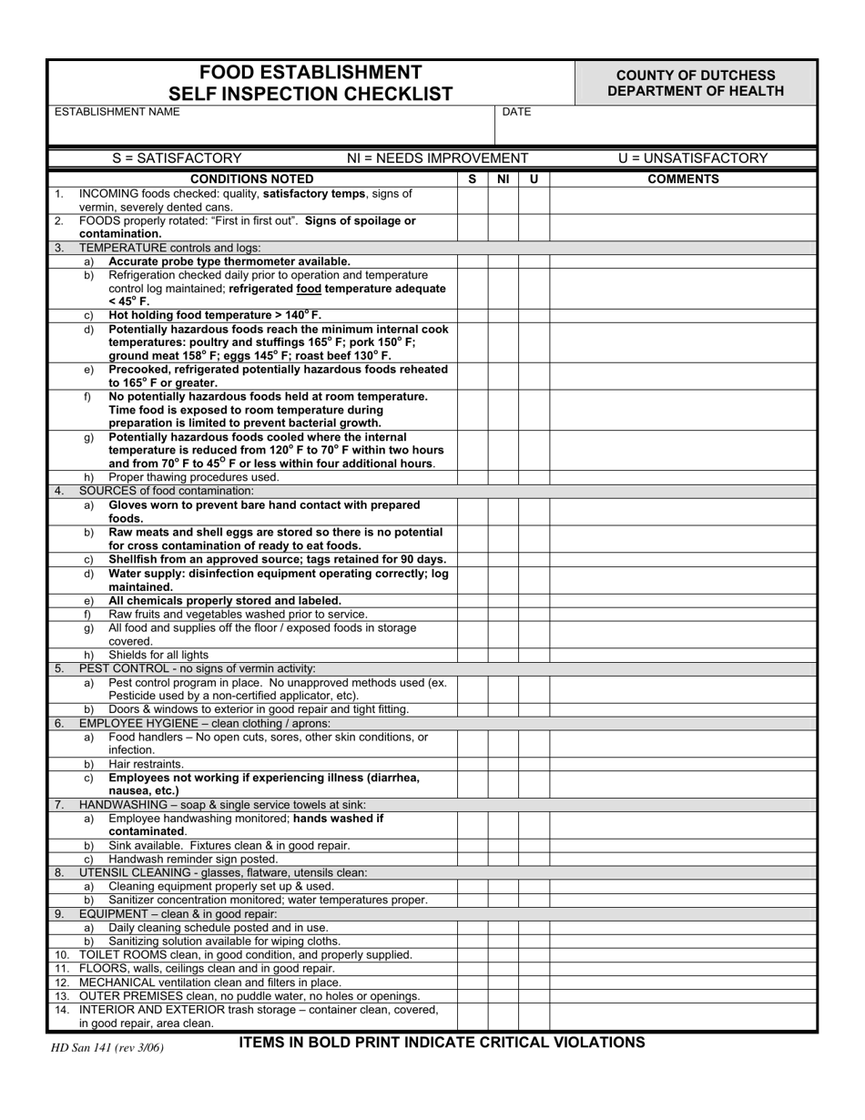 Form HD-SAN-141 Food Establishment Self Inspection Checklist - Dutchess County, New York, Page 1