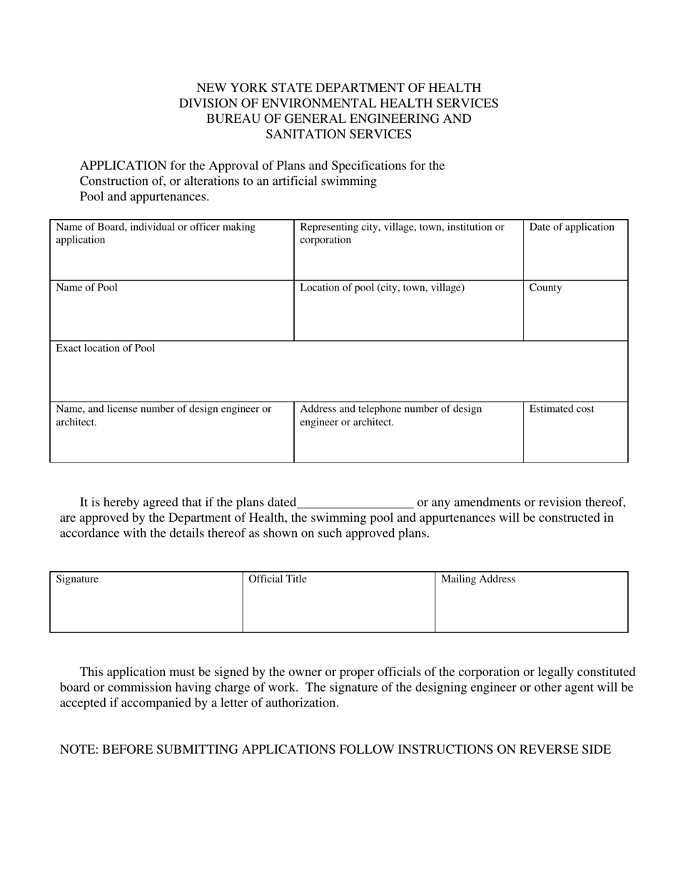 Form GEN-134 Application for the Approval of Plans and Specifications for the Construction of, or Alterations to an Artificial Swimming Pool and Appurtenances - Dutchess County, New York, Page 1