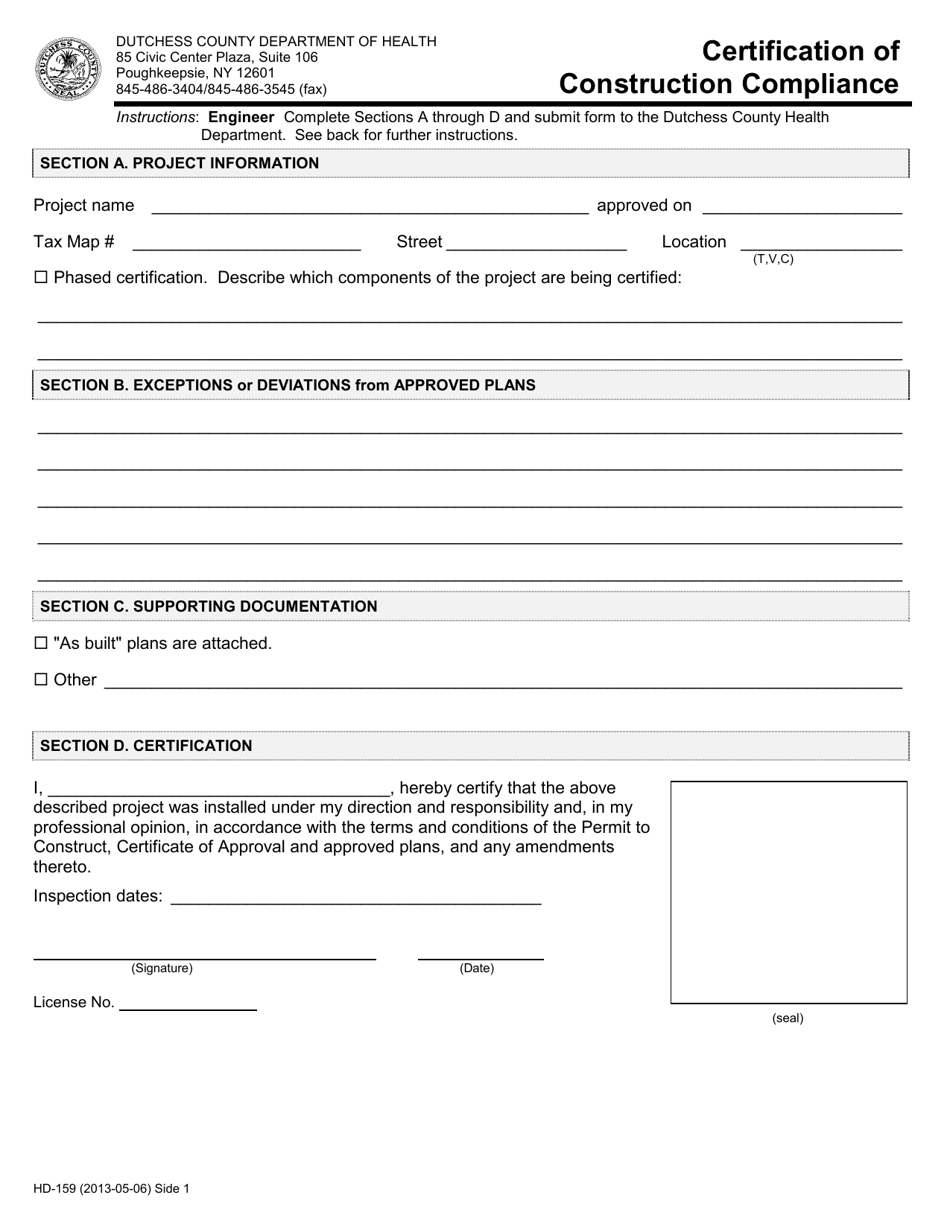 Form HD-159 Certification of Construction Compliance - Dutchess County, New York, Page 1