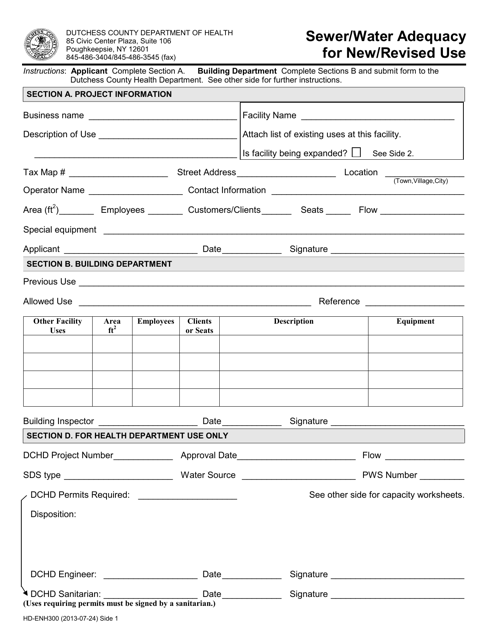 Form HD-ENH300 Sewer/Water Adequacy for New/Revised Use - Dutchess County, New York