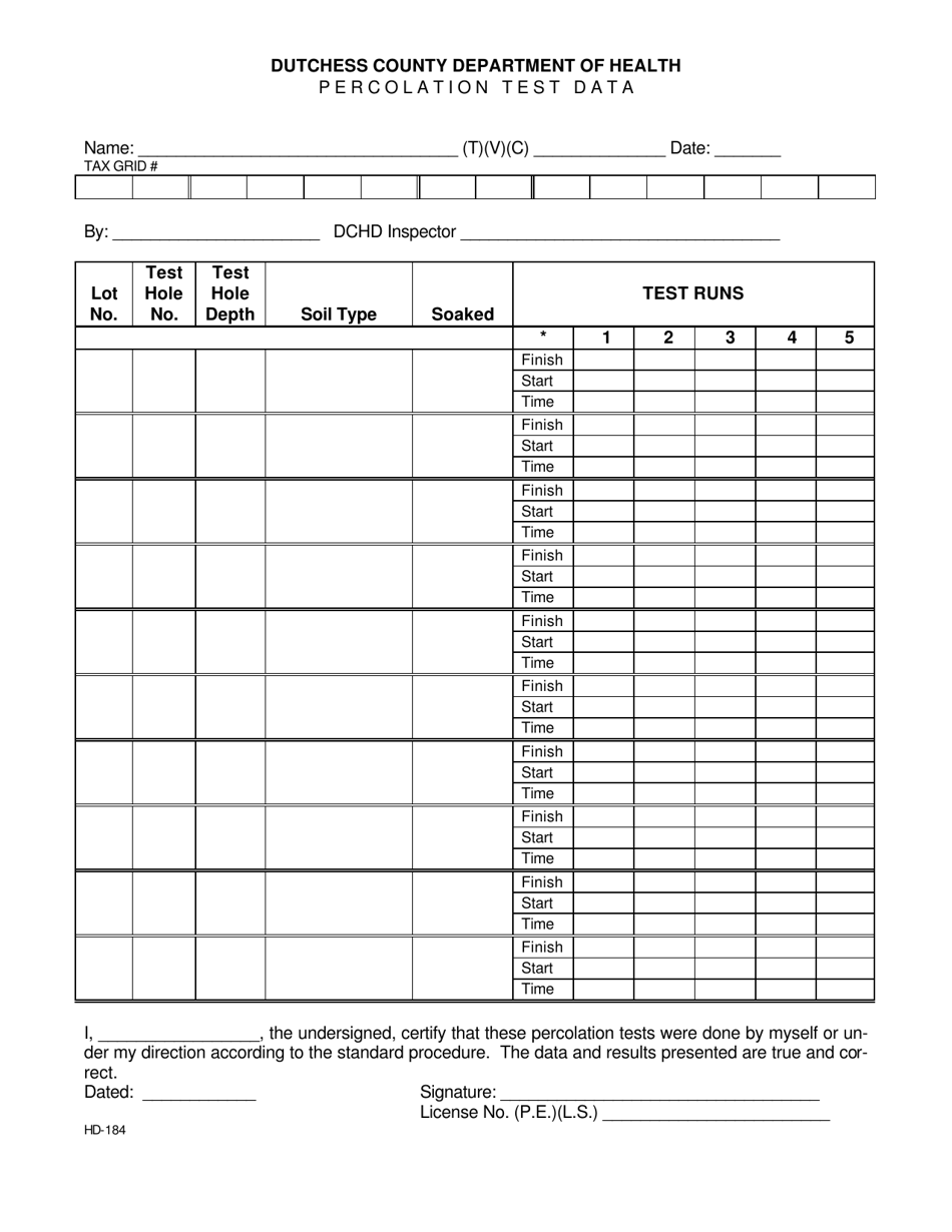 Form HD-184 Percolation Test Results - Dutchess County, New York, Page 1
