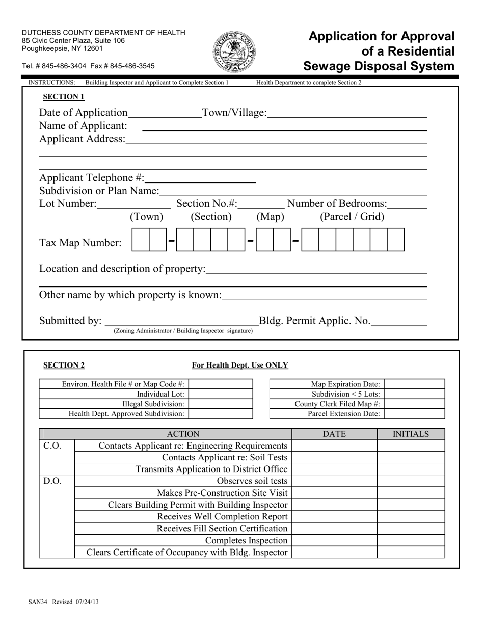 Form SAN34 Application for Approval of a Residential Sewage Disposal System - Dutchess County, New York, Page 1
