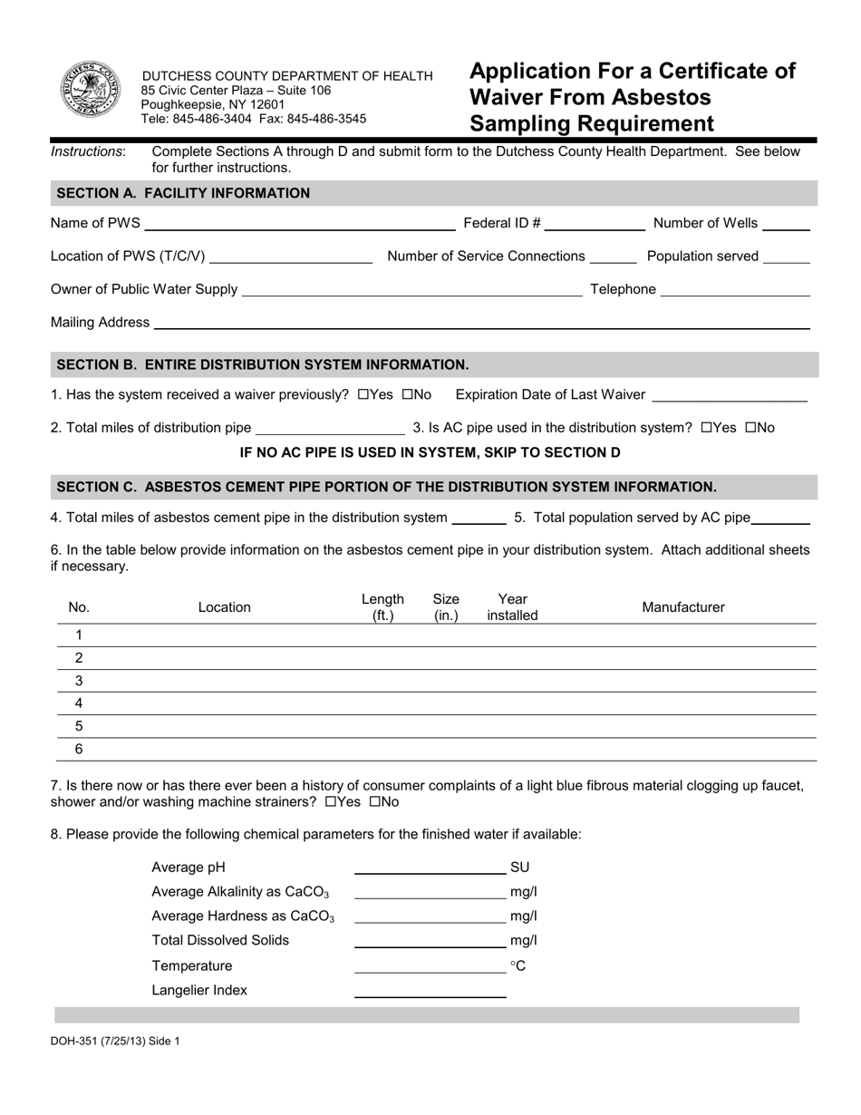 Form DOH-351 Application for a Certificate of Waiver From Asbestos Sampling Requirement - Dutchess County, New York, Page 1