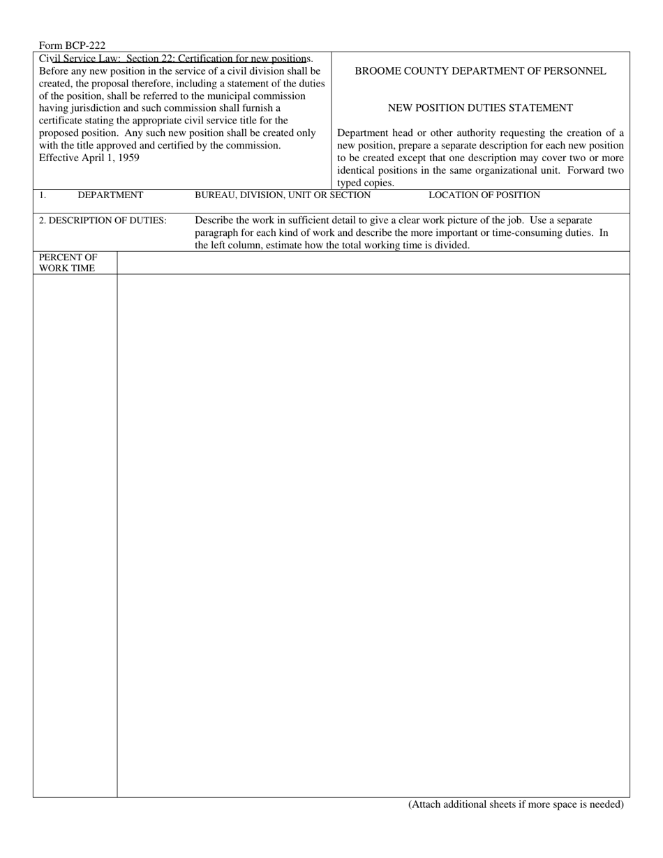 Form BCP-222 New Position Duties Statement - Broome County, New York, Page 1