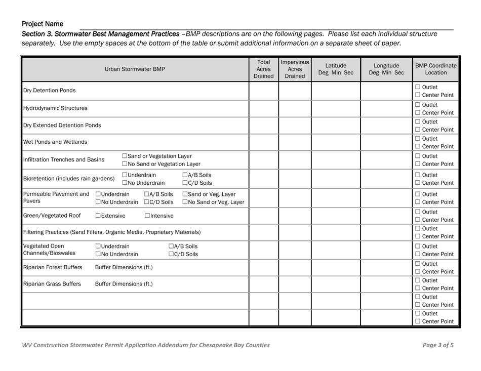 Wv Construction Stormwater Permit Application Addendum for Chesapeake Bay Counties - West Virginia, Page 3