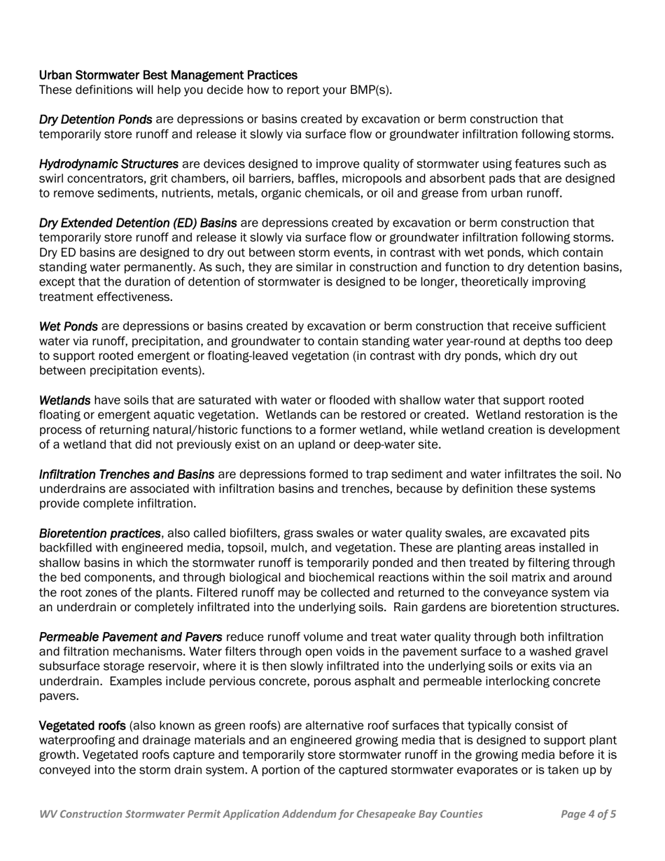 Wv Construction Stormwater Permit Application Addendum for Chesapeake Bay Counties - West Virginia, Page 4