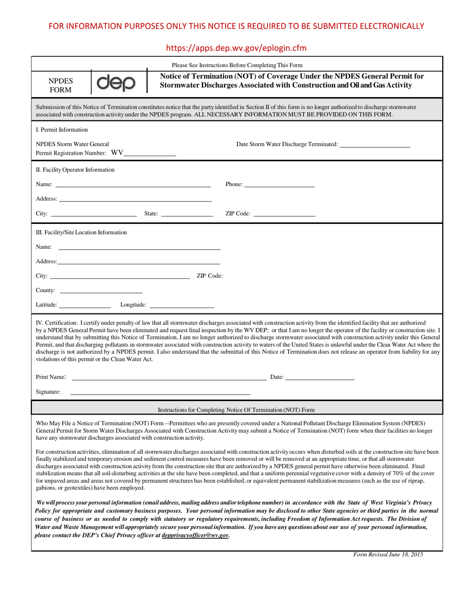 West Virginia Notice of Termination (Not) of Coverage Under the Npdes