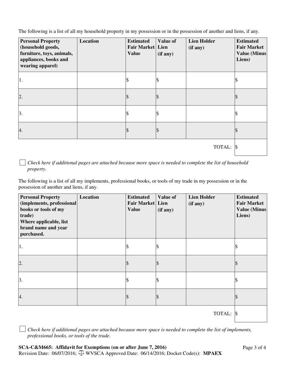 Form SCA-CM665 Affidavit for Exemptions - West Virginia, Page 3
