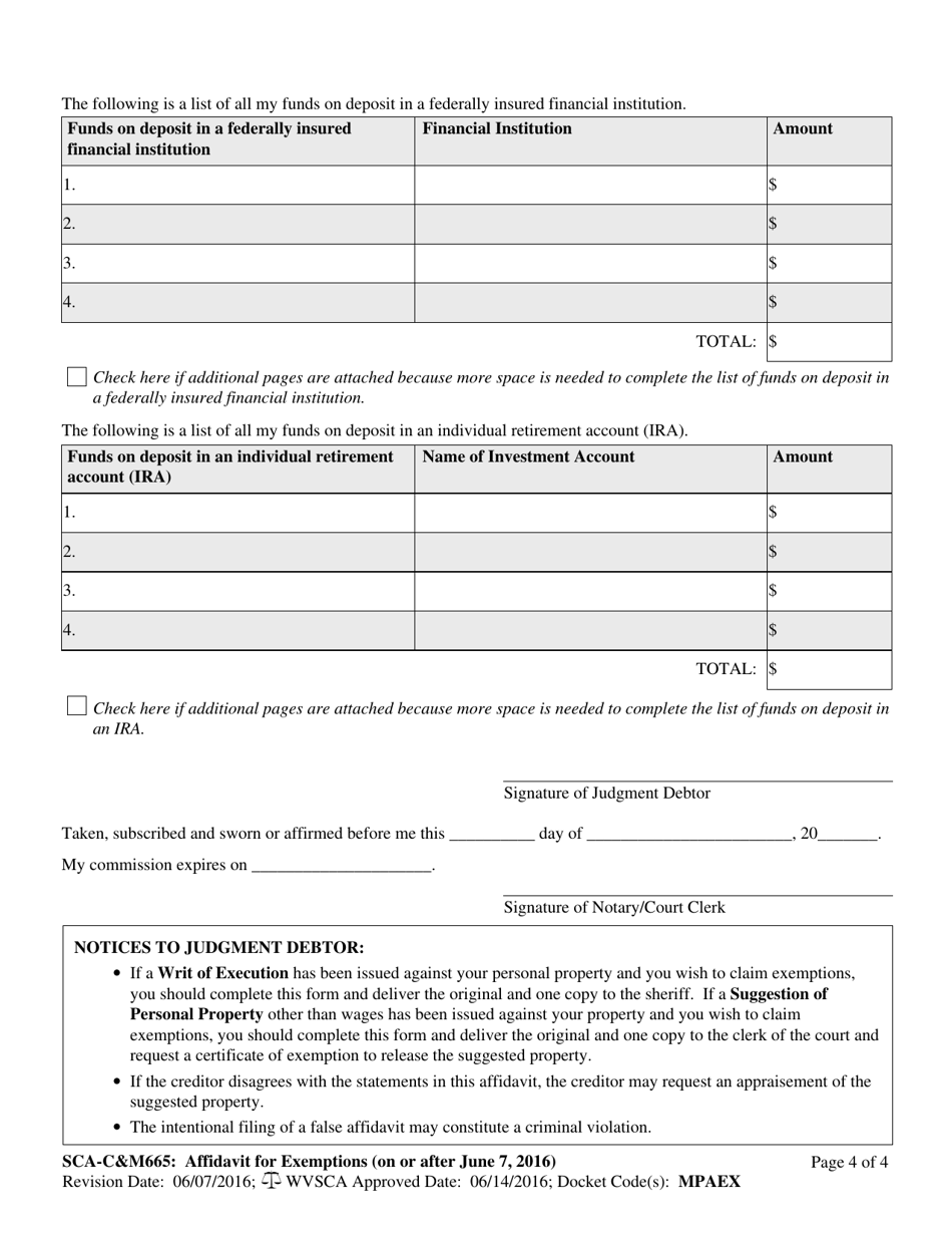 Form SCA-CM665 Affidavit for Exemptions - West Virginia, Page 4
