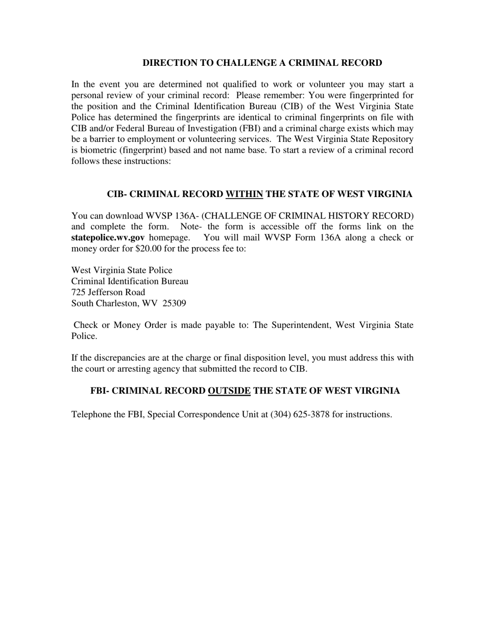 Form WVSP136A Challenge of Criminal History Record - West Virginia, Page 1