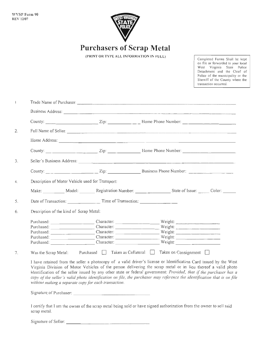 WVSP Form 90 Purchasers of Scrap Metal - West Virginia, Page 1
