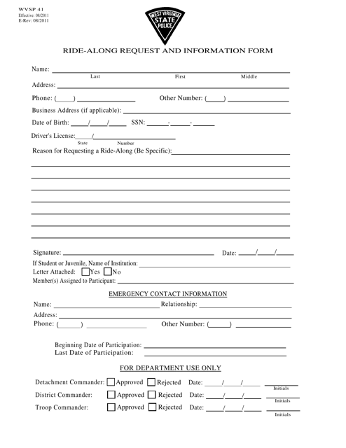 Form WVSP41 Ride-Along Request and Information Form - West Virginia