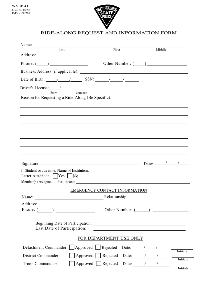 Form WVSP41 Ride-Along Request and Information Form - West Virginia, Page 1