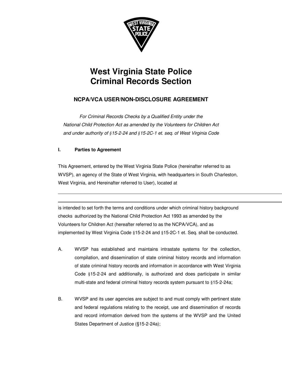 Ncpa / Vca User / Non-disclosure Agreement - West Virginia, Page 1