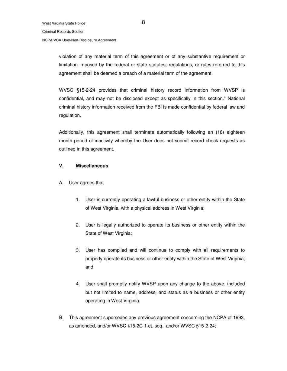 Ncpa / Vca User / Non-disclosure Agreement - West Virginia, Page 8