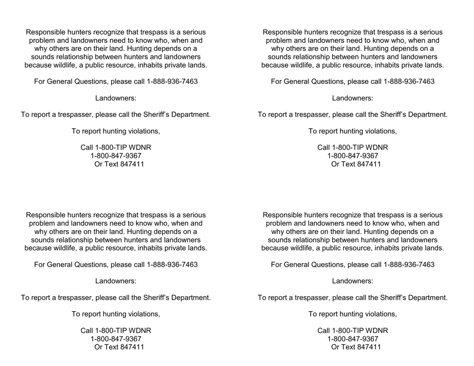 Form 8500-095 Thank You for Permission to Hunt on Your Land - Wisconsin, Page 2