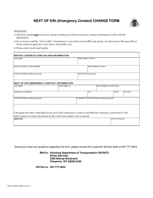 Next of Kin (Emergency Contact) Change Form - Wyoming Download Pdf