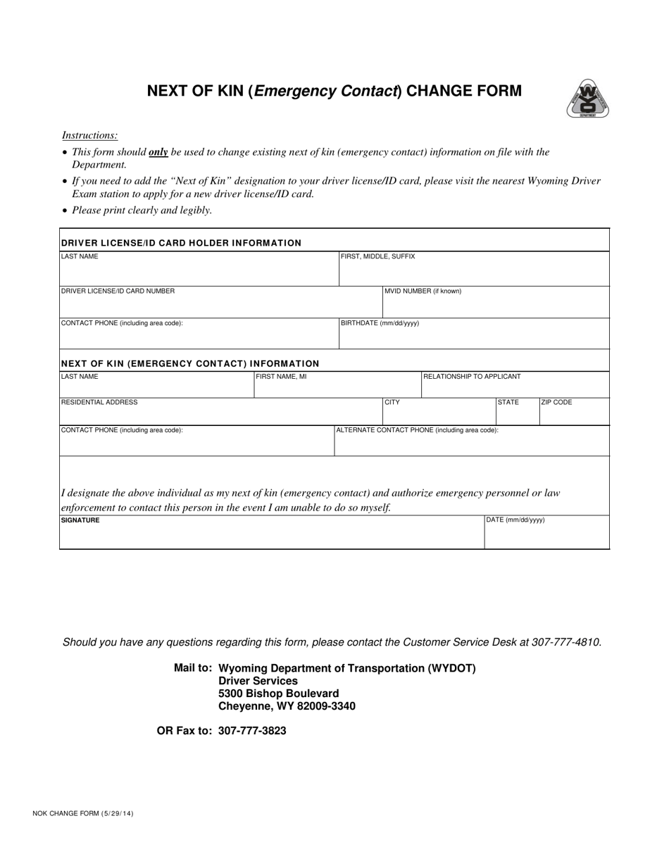 Next of Kin (Emergency Contact) Change Form - Wyoming, Page 1
