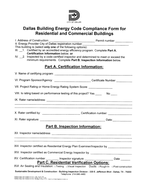 Dallas Building Energy Code Compliance Form for Residential and Commercial Buildings - City of Dallas, Texas
