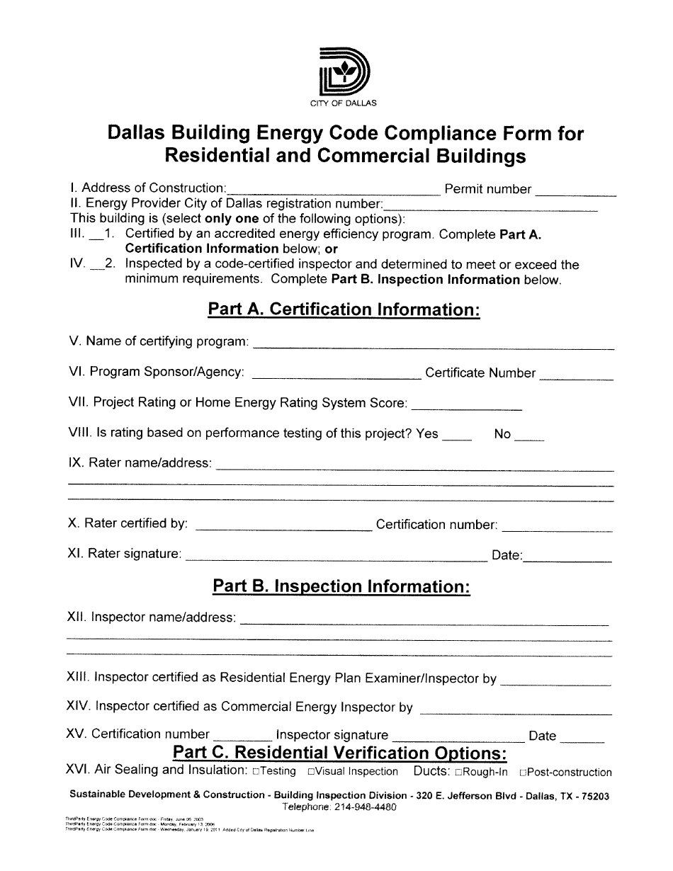 Dallas Building Energy Code Compliance Form for Residential and Commercial Buildings - City of Dallas, Texas, Page 1